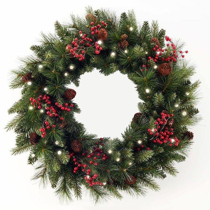 Cordless LED Pre lit Cone Berry Christmas Wreath