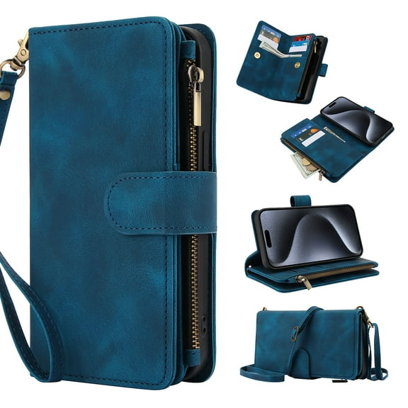 for Samsung Galaxy A54 5G Wallet Case with Card Holder for Women Men, Phone Case RFID Blocking PU Leather Flip Shockproof Cover with Shoulder Wrist Strap Zipper Credit Card Slots Stand,Blue