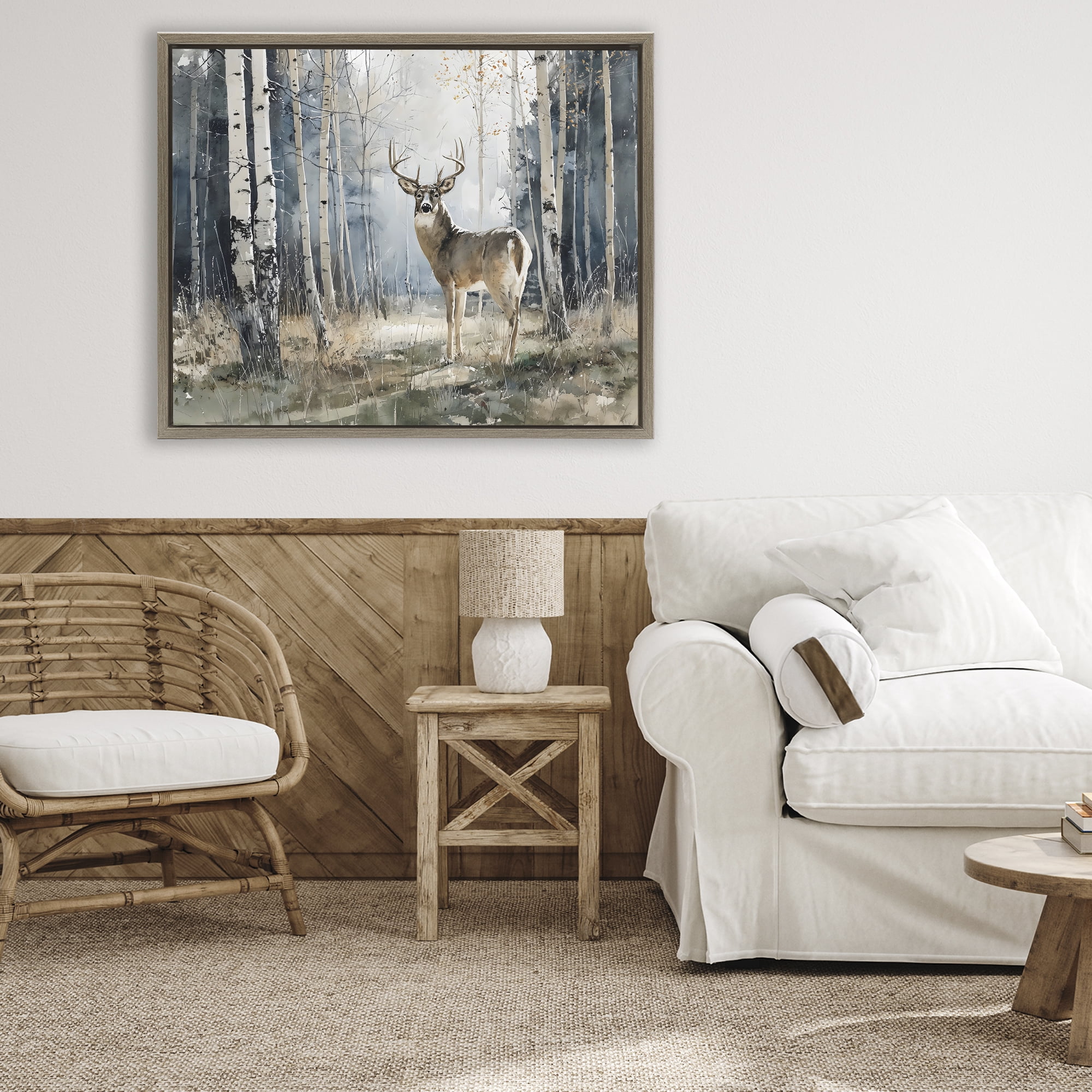 Stupell Industries Lone Stag in Birch Forest Brown Framed Floater Canvas Wall Art, design by Franklyn Gregory
