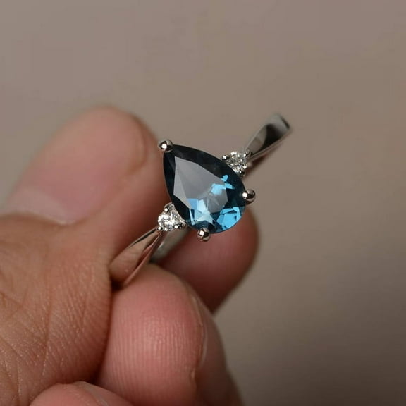 London Blue Topaz Ring Wedding Ring Blue Gemstone Ring Sterling Silver Ring Pear Cut Gemstone
