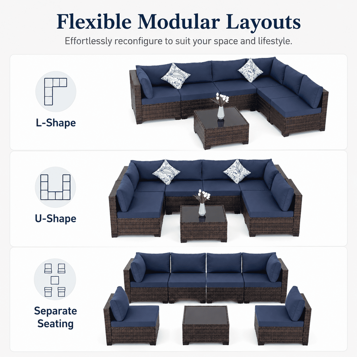 Patio Furniture Set on Sale, 7 Piece Luxurious Rattan Outdoor Sectional Set, All-Weather Wicker Porch Patio Couch w/Coffee Table, Thick Cushion Outdoor Sofa, Brown