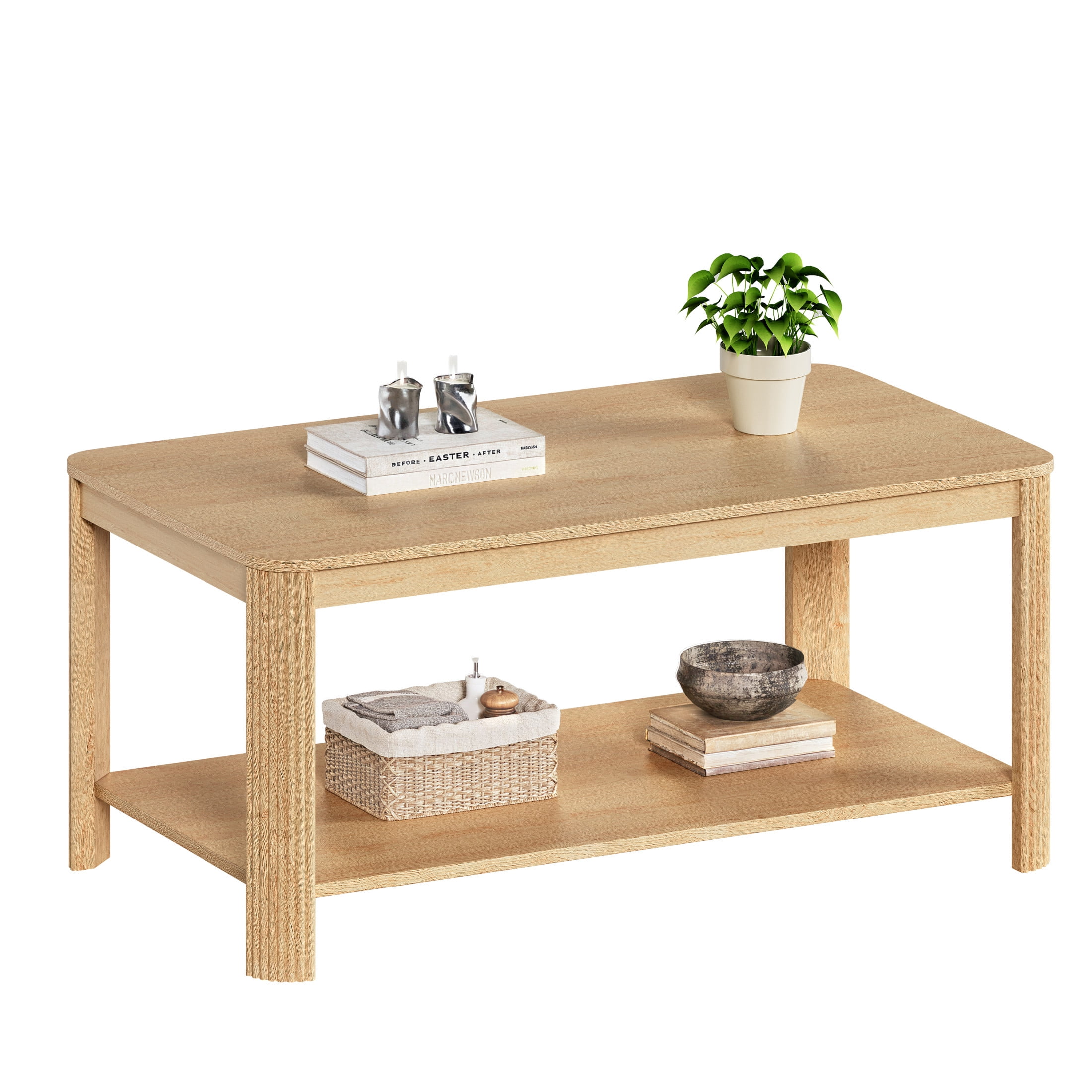 Noble House 39.4" Rectangular Coffee Table with 2-Tier Storage Shelf, Vertical Wave Grain Legs, Oak