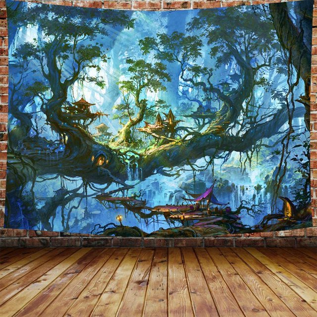 Tapiz de mundo de fantasía, tapiz de cuento de hadas, paisaje nocturno, tapiz de bosque de fantasía, paisaje de cascada, decoración de pared, manta para dormitorio, sala de estar, 150*130CM