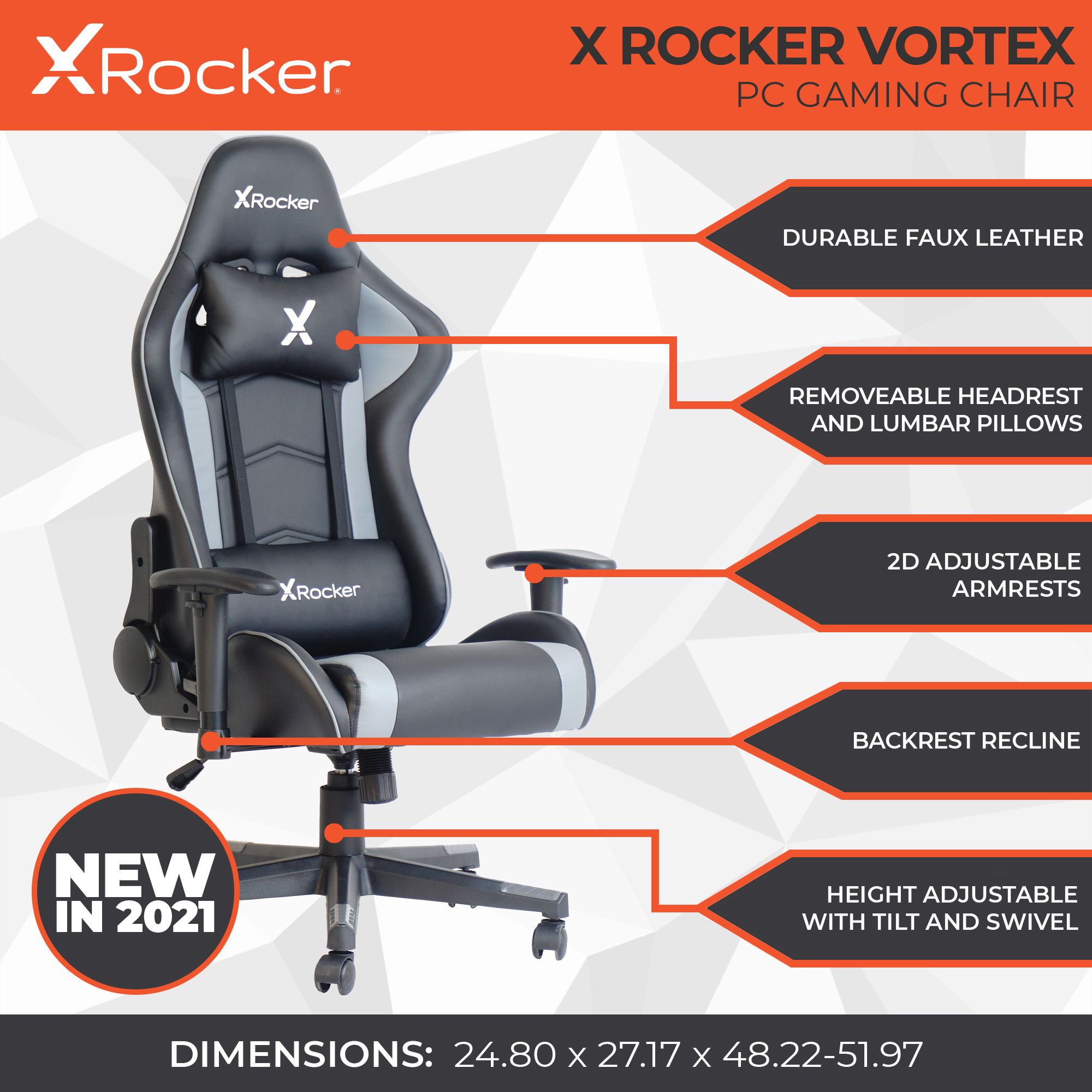 X Rocker Vortex Leather PC Gaming Chair, Black and Gray, 24.8" x 27.17" x 48.22-51.97" - image 2 of 10
