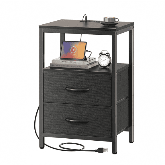 EDX Wall-mounted bedside table, featuring a built-in socket with USB/Type-C interface and adjustable drawers (two drawers). Suitable for bedroom space-saving design. Black
