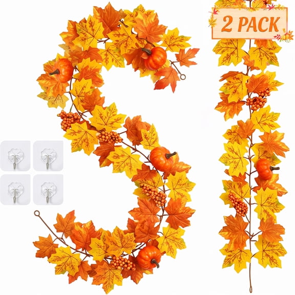 2 Pack 5.9FT Fall Garland Artificial Maple Leaf & Pumpkin Harvest Vine – Autumn Thanksgiving Decor for Fireplace Mantel Home Wedding Party Indoor Outdoor