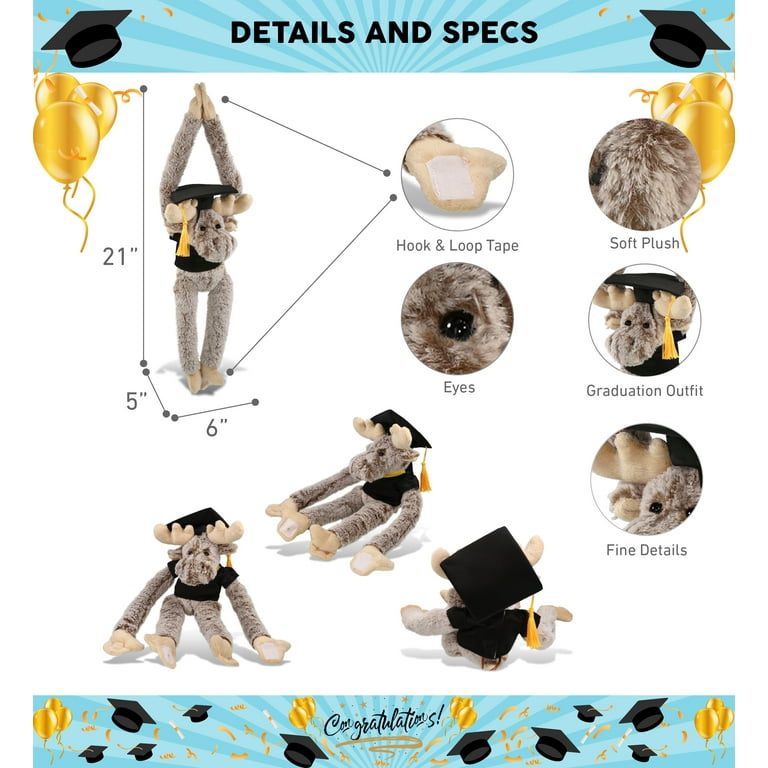 DolliBu Graduation Moose Plush - 21 Inch Stuffed Animal With Cap & Gown, Personalizable Gift