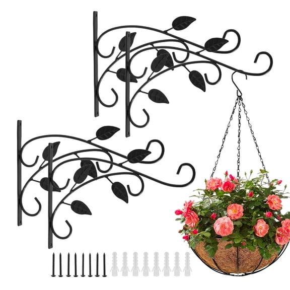 urorentea 4 Pcs Metal Hanging Plant Bracket, 12 inch Iron Wall Mount Bracket, Bold Rust-Resistant Leaf Black Plant Hanger Hook for Hanging Plants Bird Feeder Lantern Wind Chimes