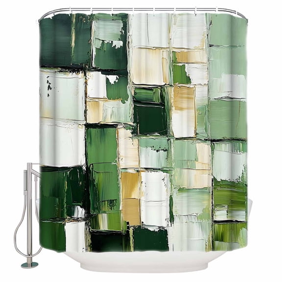 Abstract Graffiti Shower Curtain, 60" x 72", Geometric Green Beige Oil Painting Waterproof Bathroom Curtain Washable Shower Curtain Set with 12 Hooks