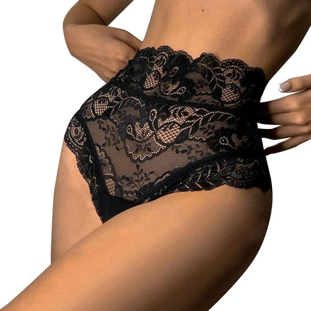 Gibobby Pantys para Mujer Bragas malla encaje Floral Sexy para mujer, bragas cintura alta, ropa interior ahuecada, ropa interior transparente talla grande(Negro, S)