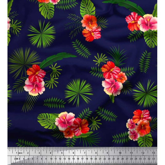Soimoi Polyester Crepe Fabric Floral & Leaves Tropical Decor Fabric Printed Yard 42 Inch Wide