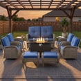 thumbnail image 2 of Patiobula Patio Furniture Set with Propane Fire Pit Table, 10 Pieces Outdoor Sectional Couch, Gray Wicker Rattan Conversation Loveseat Glider with Swivel Chair Ottomans for Backyard Deck, Navy, 2 of 15