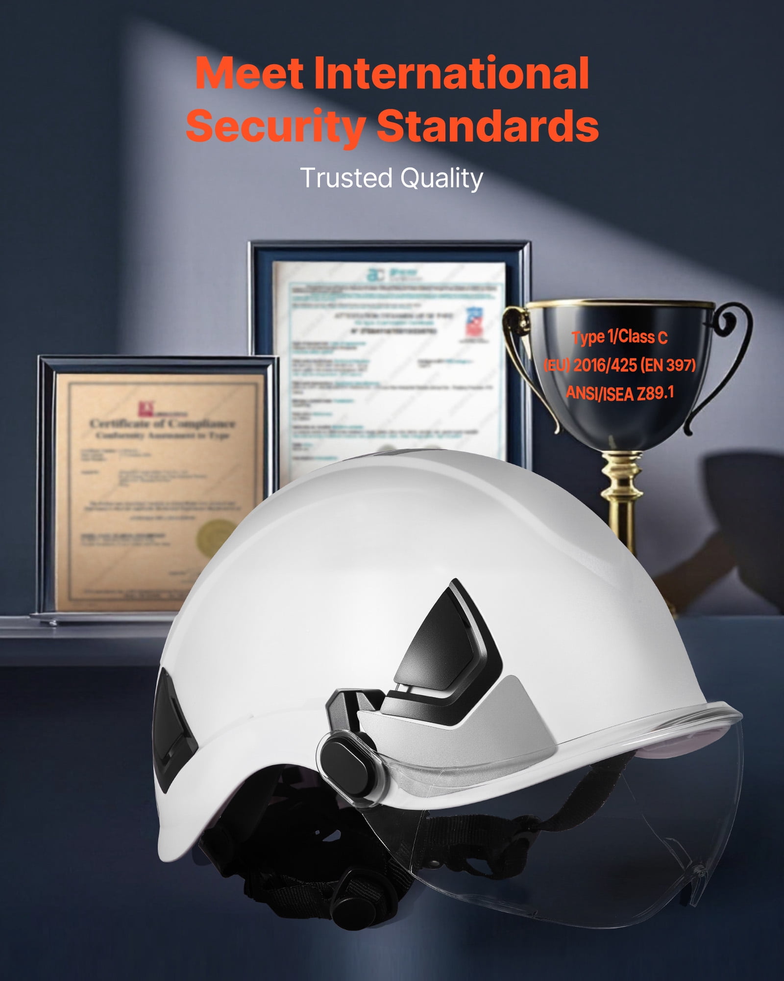 VEVOR Industrial Safety Helmet, ANSI/ISEA Z89.1 Approved ABS Hard Hat with Visor & 6-Point Ratchet Suspension, Adjustable Vented Hardhat for Men & Women, for Outdoor and Indoor Construction Workwear