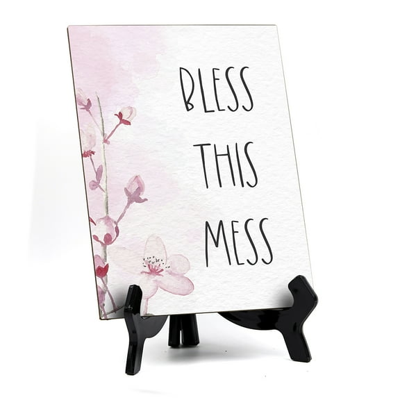 Bless This Mess Table Sign with Easel, Floral Vine Design (6 x 8")