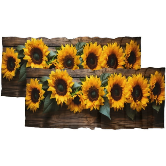 Sunflower Kitchen Curtain Valances Autumn Yellow Flowers on Rustic Wooden Board Thermal Insulated Room Darkening Curtain for Dinning Room 54 by 18 in, 2 Panel