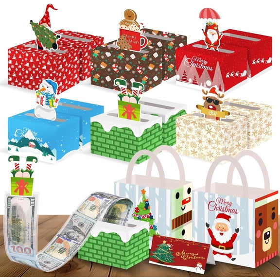 Lorvain 12 Pack Christmas Money Box for Cash Gift, 6 Styles Surprise Xmas Pull Box Holder with 120 Clear Bags & Bows Holiday Party Supplies