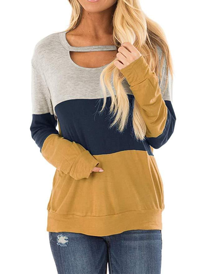 Womens Chests Cutout Tunics Long Sleeve Shirts Scoop Neck Blouse Casual Tops T-Shirts