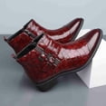 thumbnail image 3 of Men's Crocodile-Embossed Patent Leather Chelsea Boots with Double Buckle Strap, Low Heel Pointed Toe Cowboy Boots, 3 of 6