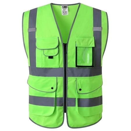 JKSafety 9 Pockets Class 2 High Visibility Zipper Front Safety Vest With Reflective Strips, Meets ANSI/ISEA Standards (X-Large, 150-Green)