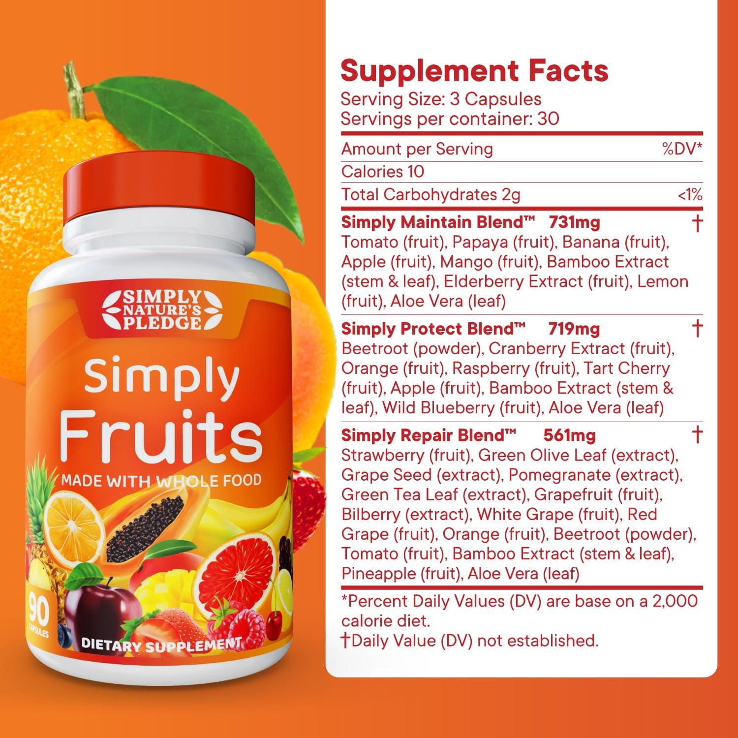 Simply Nature's Pledge - 90 Fruit Capsules - Made with Whole Food Superfoods, Packed with 25 Different Fruits - 100% Soy Free