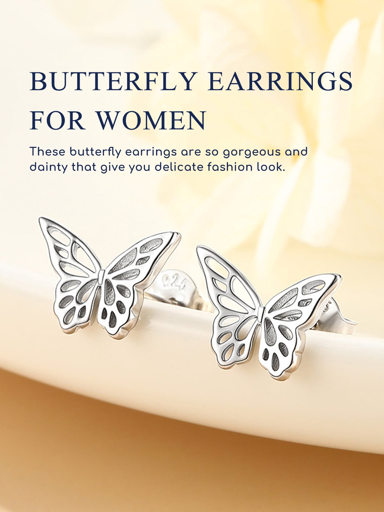 Suplight 925 Sterling Silver Hollowed Out Butterfly Stud Earrings, Dainty Butterfly Earrings for Women