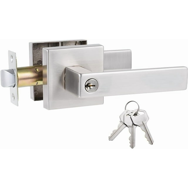 Levier de Porte Style Droit à Clé comme Fonction d'Entrée Poignée de Porte Extérieur Intérieur Serrure d'Entrée avec Clés Poignée de Porte en Nickel Satiné pour Gaucher et Droitier