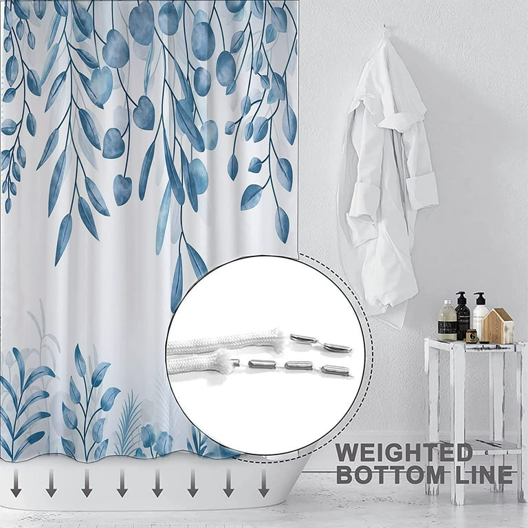 Light Blue Shower Curtain,Watercolor Aqua Eucalyptus Leaves Bathroom Shower  Curtains Sets,Natural Spring Botanical Plant Leaf Bath Curtains with 12