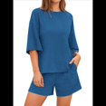 thumbnail image 2 of Conjuntos de Pijama para Mujer, Blusas Extragrandes de 3/4 y Pantalones Cortos con Cintura Elástica, Conjuntos de Estar por Casa. Azul XL, 2 of 6