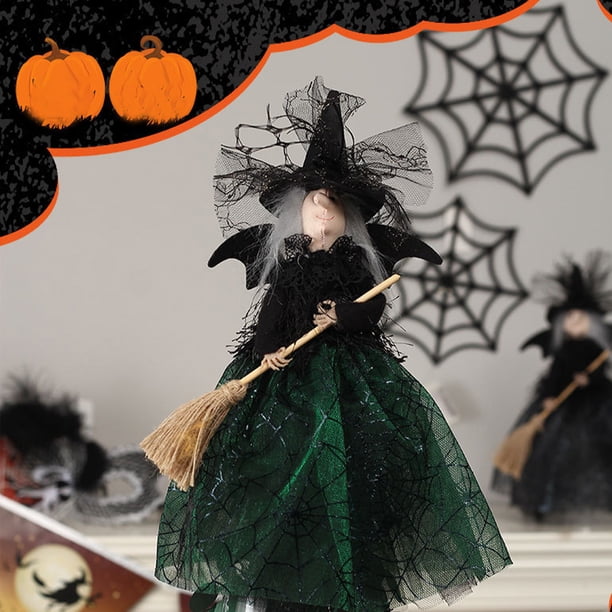 Fiudx Muñeca de Bruja de Halloween, Tela de Seda, Decoración de Palo de Escoba, Versátil para Mesa o Copa de Árbol, Decoración de Fiesta Espeluznante, Perfecta para Reuniones de Halloween, Tamaño 30