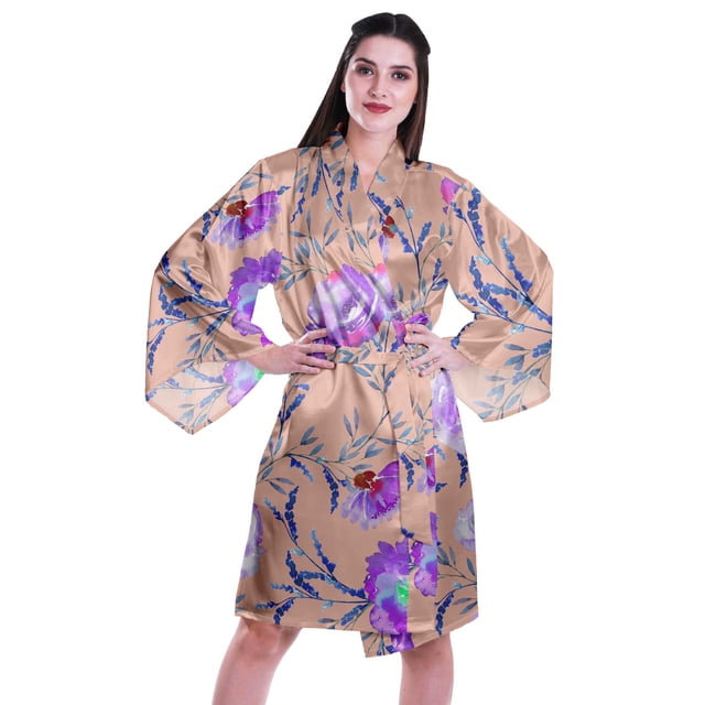 Moomaya Printed Womens Kimono Sleeve Robes Satin Silk Getting Ready Bridal Robe Coverup