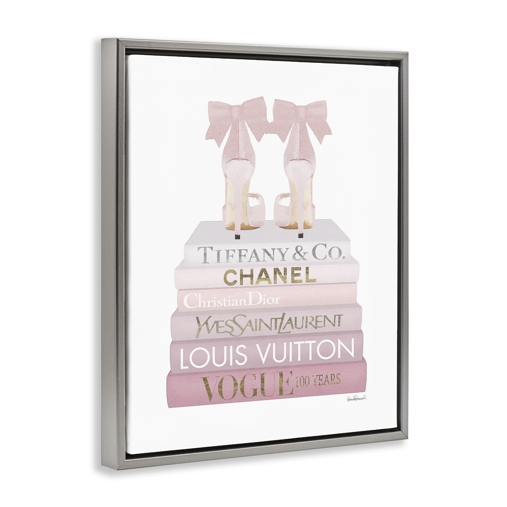 Stupell Industries Chic Shoes Glam Bookstack Beauty & Fashion Painting Gray Floater Framed Canvas Art Print Wall Art, 17 x 21