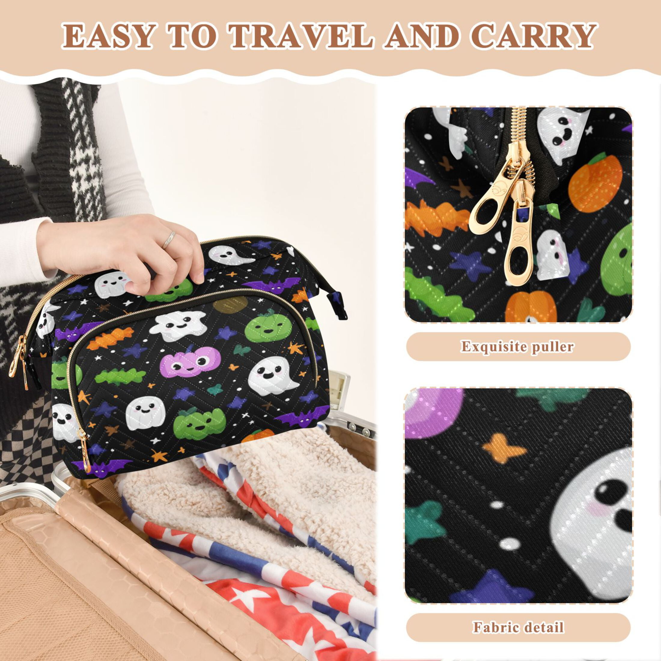 Wavy Quilted Cosmetic Bag Large-Capacity Travel Toiletry Organizer Includes 9-Piece Portable Travel Bottle Set Cartoon Ghosts Pumpkins