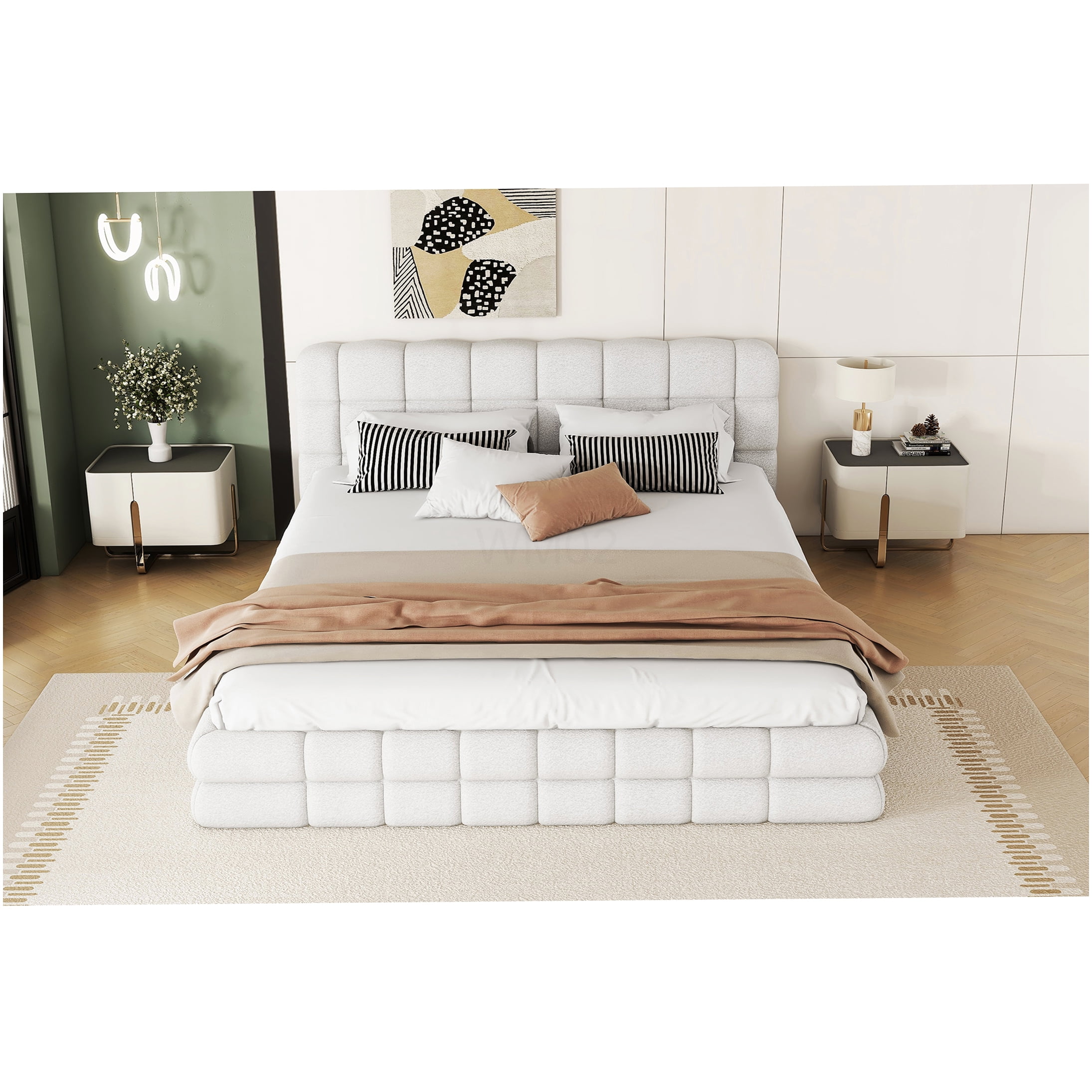 Queen Upholstered Bed Frame with Headboard, Modern Platform Bed with Wood Slat Support, No Box Spring Needed, White