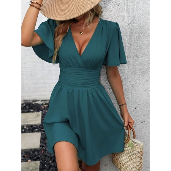 Teal Blue Solid Cross Wrap Short Sleeve Ruffle Waist Pleated Mini Dress