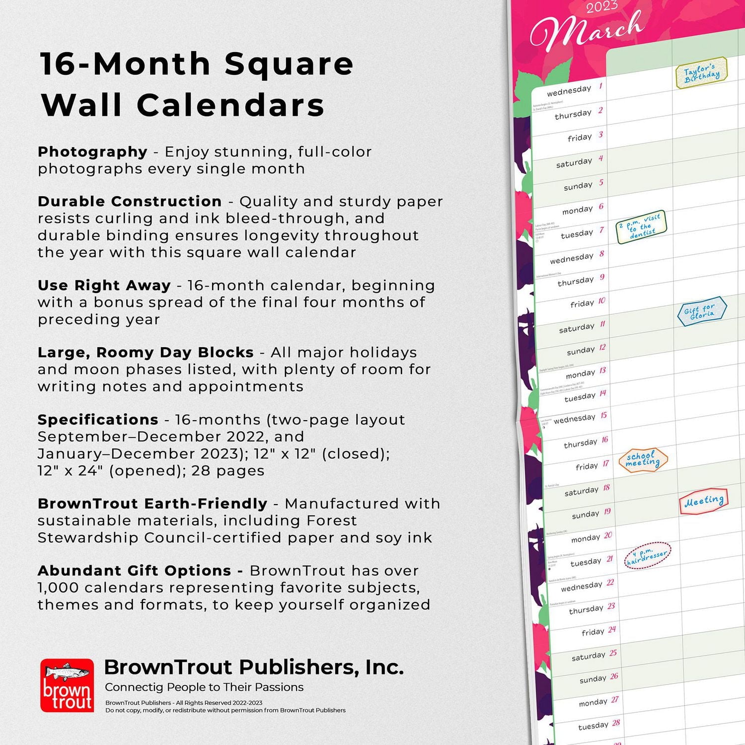 Mom's Family Planner | 2023 12x24 Inch Square Wall Calendar | Stickers