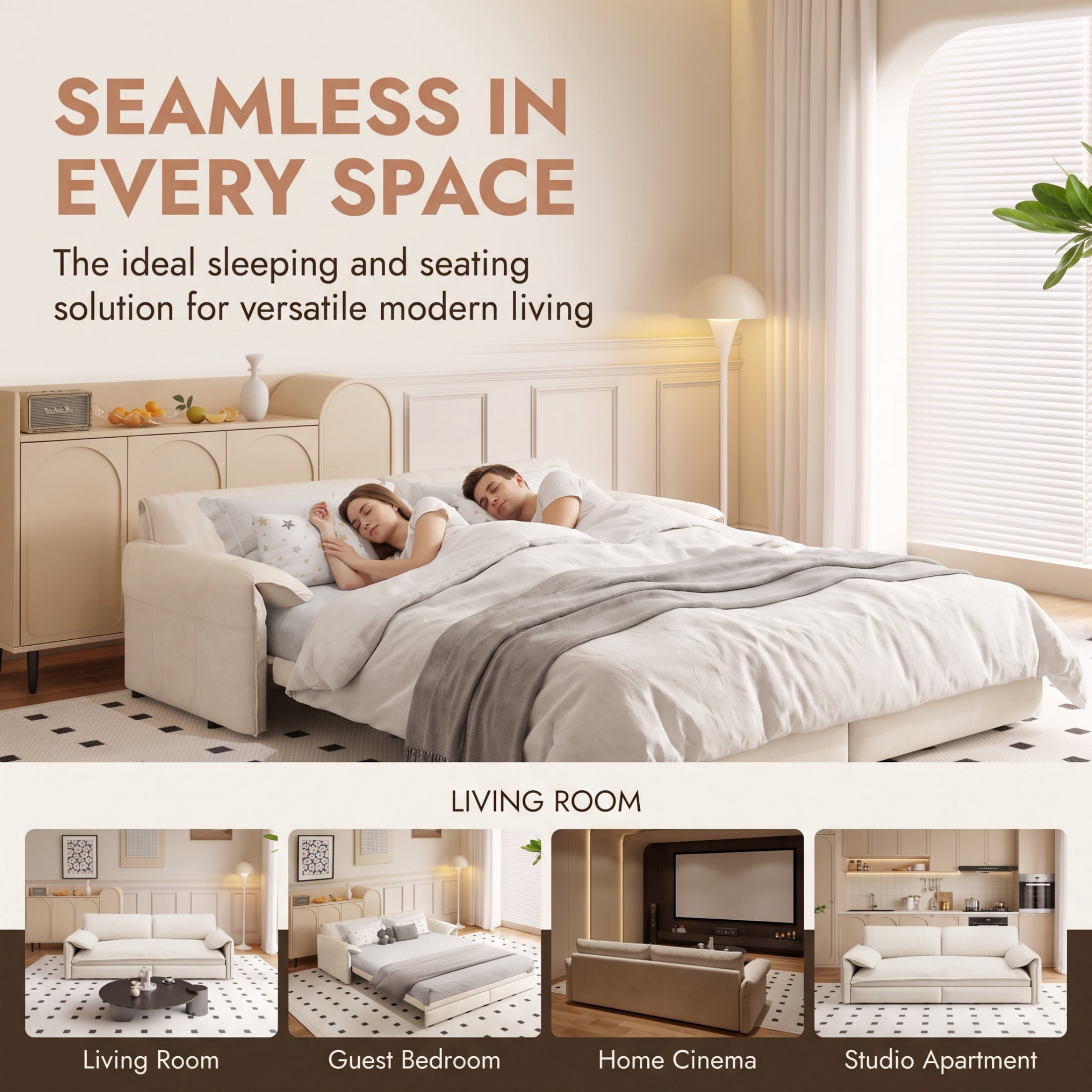 3-in-1 Queen Pull Out Sofa Bed, 66" Velvet Convertible Sleeper Couch with Deep Seat & Storage Pocket, Modern Folding Futon Sofa Bed, Beige