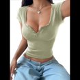 thumbnail image 2 of Camisetas de Corta de Verano 2025 para Mujer, con Cuello Henley Acanalado y Botones, Corte Entallado, Básicas e Informales. Gris Verde XL, 2 of 8