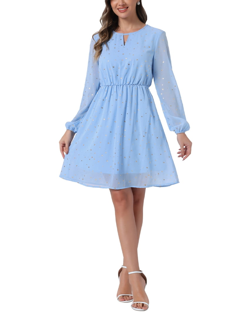 Inspire Chic Women's Dress Gilding Star V Neck Long Sleeve Party Flared A-Line Dress M Sky Blue, Size: Medium