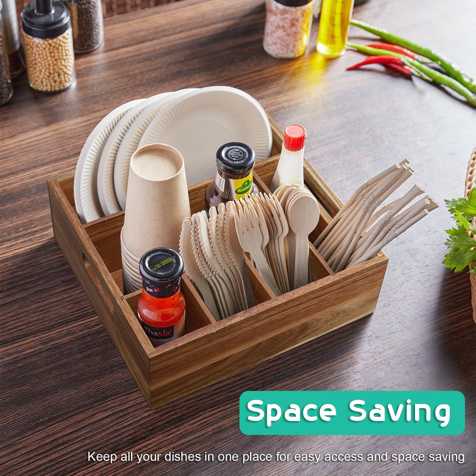 Emlimny Acacia Wood Utensil Holder,Paper Plate Organizer for Countertop,Rustic Utensil Caddy with 6 Compartments for Plate, Cup, Fork, Spoon - Cutlery Holder for Kitchen Camping Buffet