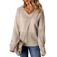 thumbnail image 2 of UVN Sweaters for Women Casual V Neck Long Sleeve Pullover Winter Lightweight Crochet Hollow Out Knit Jumper, 2 of 8
