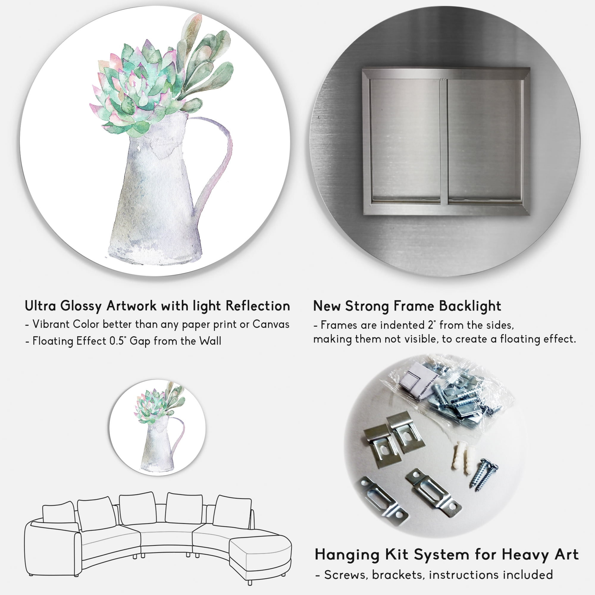 Designart 'Succulent Home Plant In Jug' Traditional Circle Metal Wall Art 36x36 - Disc of 36