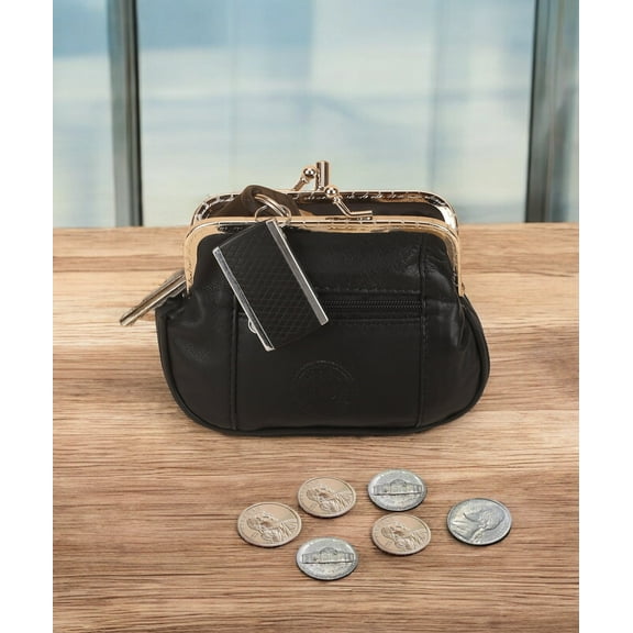 Leatherboss Women's Genuine Leather Metal Frame Double Clasp Zipper Coin Purse