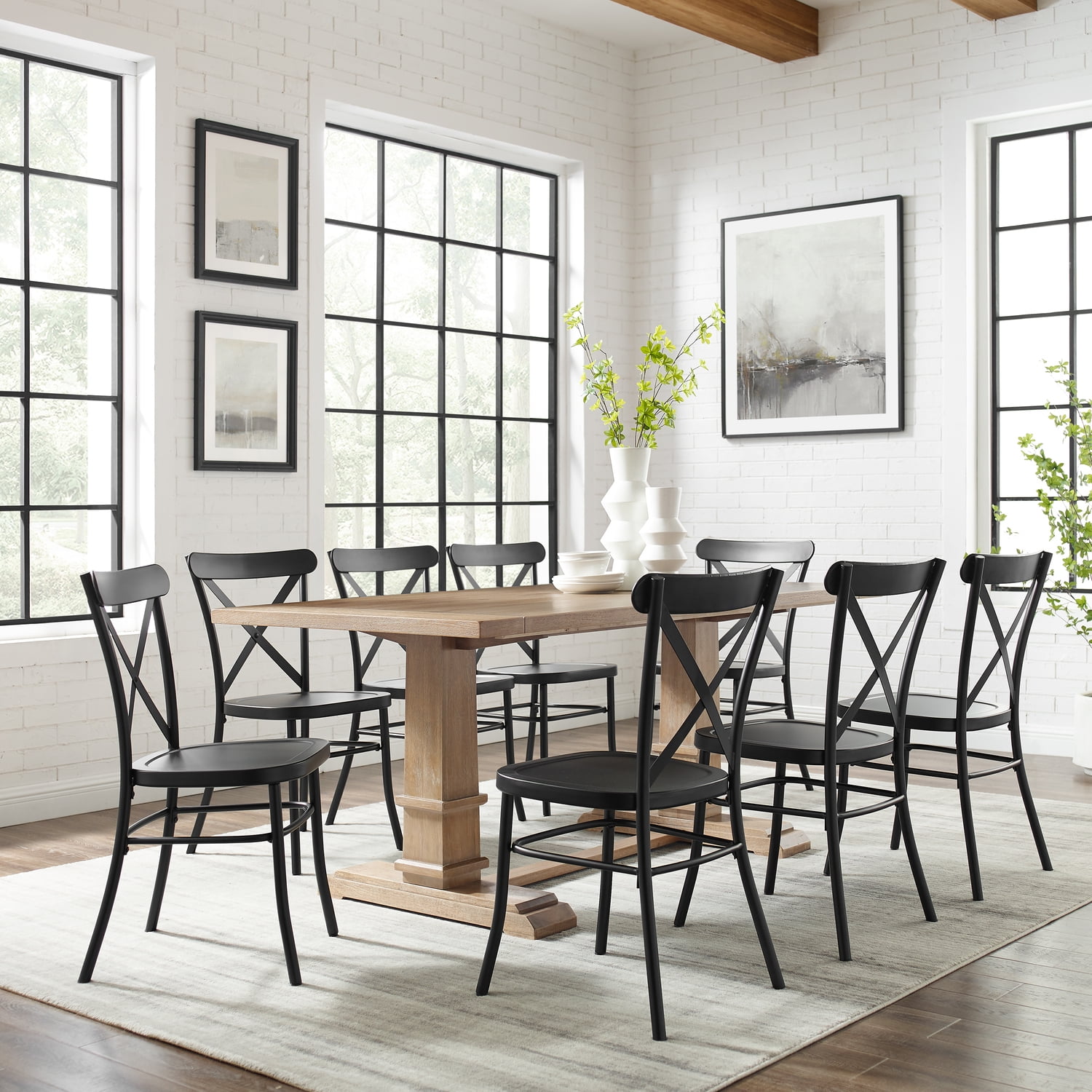 Rectangular Dining Set - 9 Piece Table & Chairs - Modern Farmhouse Style - Matte Black & Rustic Brown