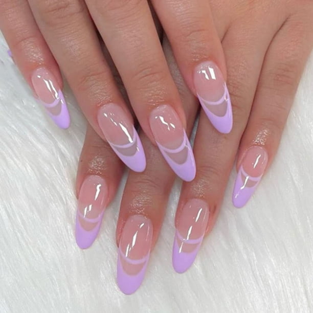 Press on Nails Short Almond False Nails Purple Fake Nails Cute Faux