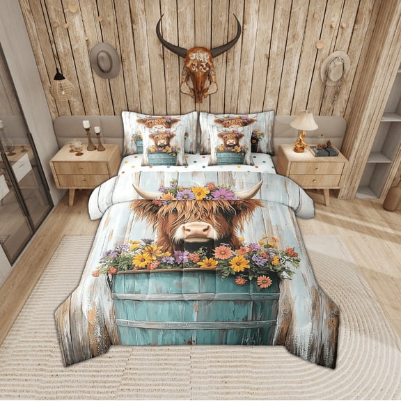 Erosebridal Watercolor Highland Cow Bedding Sets Full Size, Coloral Blossoms Comforter Sets with Sheets, Old Barn Door Bedroom Decor, Reversible 7pcs