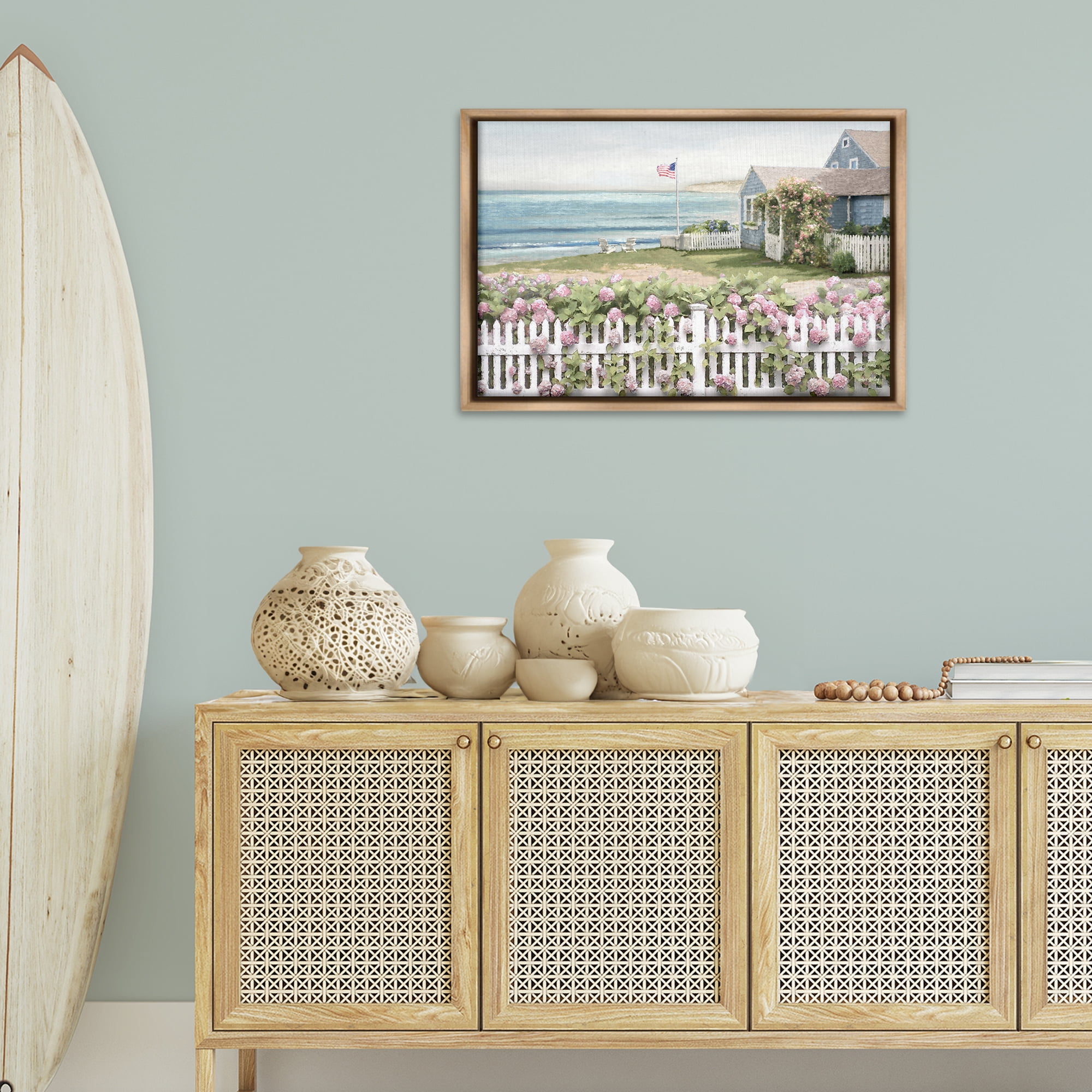 Stupell Industries Coastal Bay Cottage Landscape & Nature Painting Brown Floater Framed Canvas Art Print Wall Art, 31 x 21