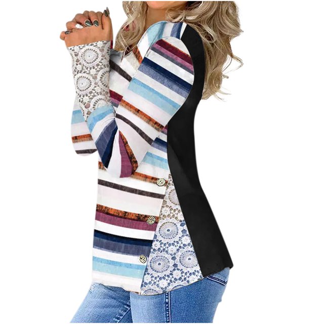 Blusa cómoda de manga larga con cuello en V y estampado a rayas para mujer Fridja FKASFK4923