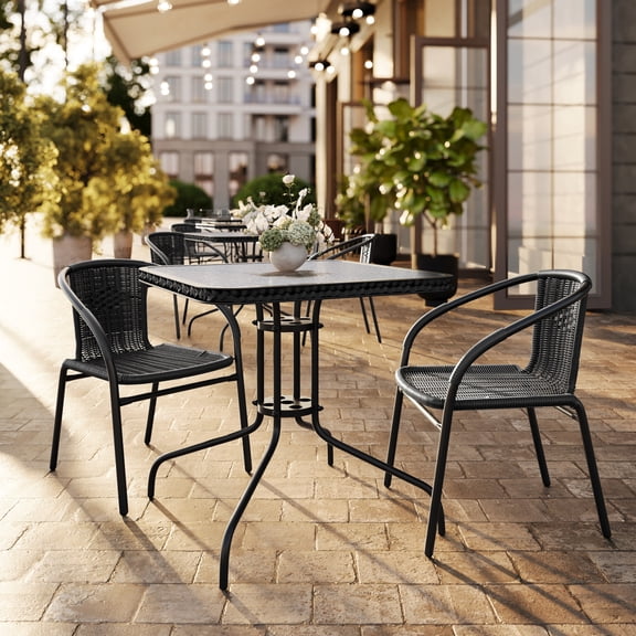 Flash Furniture 28'' Square Glass Metal Table with Black Rattan Edging and 2 Black Rattan Stack Chairs