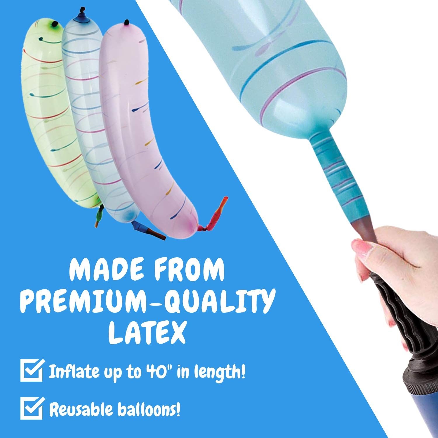 Impresa - 100-Pack of Reusable Rocket Balloons with Pump - High Quality Latex - Assorted Colors - Perfect for Parties
