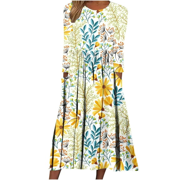 Fesfesfes Women Dress Fall And Winter Casual Round Neck Long Sleeve Folding Solid With Pocket Dresses Clearance Under $10